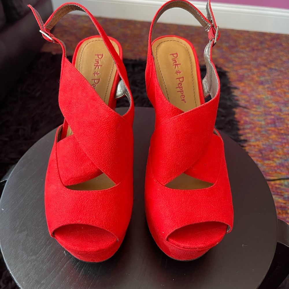 Pink & Pepper Women's Red Peep Toe Heels